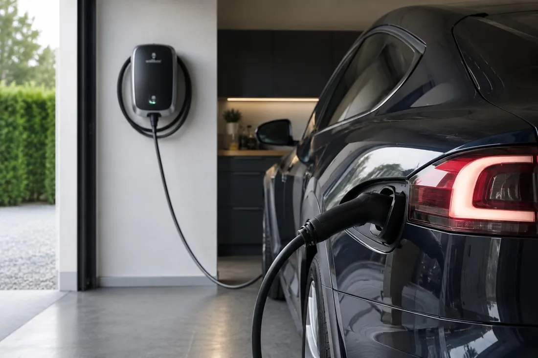 Wall-mounted EV charger in a garage with an electric car charging